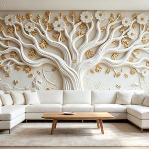 3D Embossed White Tree Floral Mural Wallpaper for Elegant Home Wall Decoration