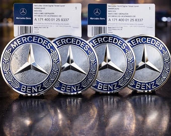 Tapacubos centrales para ruedas Mercedes-Benz (75 mm) - Corona de laurel azul cromado, juego de 4