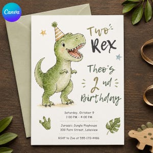 May include: A white birthday invitation card featuring a watercolour green T-Rex wearing a striped party hat. The text reads Two Rex, Theo's 2nd Birthday, Saturday, October 9, 1:00 PM - 4:00 PM, Jurassic Jungle Playhouse, 300 Fern Street, Lakeview, RSVP to Zoe at 555-170-4486.