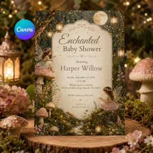 May include: A rectangular baby shower invitation card featuring a forest scene with two fairies, mushrooms, and hanging lanterns. The text reads: Enchanted Baby Shower Honoring Harper Willow, Sunday, September 13, 2026, 12:00 PM, Whispering Grove Garden.