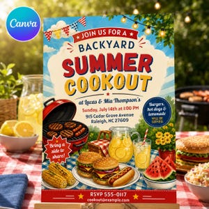 May include: A flyer for a backyard summer cookout featuring a red charcoal grill with burgers, corn on the cob, a pitcher of lemonade, and watermelon. The text reads: Join us for a backyard summer cookout at Lucas & Mia Thompson's, Sunday, July 14th at 1:00 PM, 915 Cedar Grove Avenue, Raleigh, NC 27609.