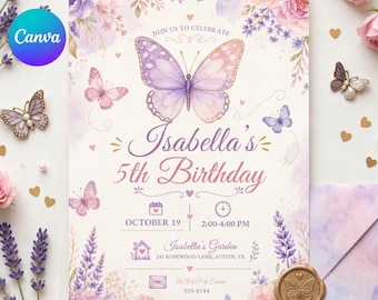 Butterfly Invite, Pink Butterfly Birthday Invitation, Girl Butterfly Party, Fairy 1st Birthday, Editable Canva Template