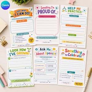 May include: Six colorful speech therapy worksheets with prompts and lines for writing. Titles include Look What I Can Do, Something I'm Proud Of, Help Me Practice, Look How I've Grown, Ask Me About Speech, and Something to Celebrate, all from Mrs. Carter.