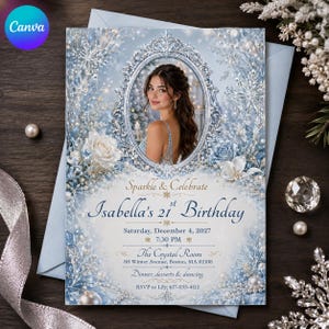 May include: A rectangular birthday invitation card featuring a central oval frame containing a photograph of a person. The design includes light blue and white snowflake patterns, white roses, and pearls. Text reads: Sparkle & Celebrate, Isabella's 21st Birthday, Saturday, December 4, 2027, 7:30 PM, The Crystal Room, 88 Winter Avenue, Boston, MA 02108, Dinner, desserts & dancing, RSVP to Lily: 617-555-4112.