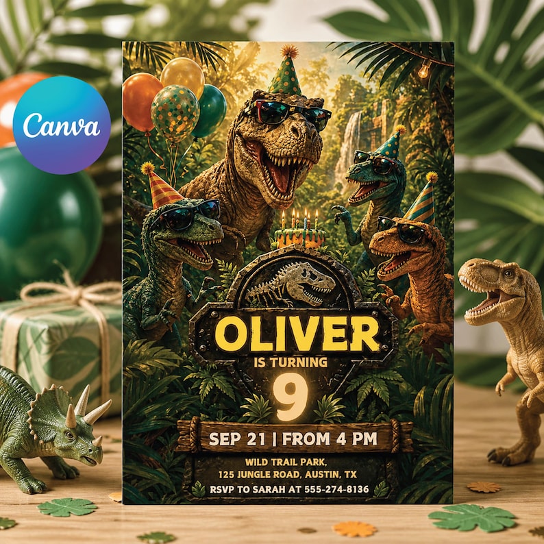 May include: A birthday party invitation featuring cartoon dinosaurs wearing sunglasses and party hats. The invitation includes the name "Oliver", the age "9", and event details. Balloons and jungle foliage surround the dinosaurs.