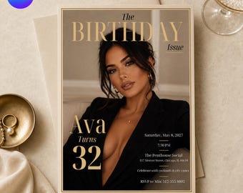 32nd Birthday Invitation, Magazine Cover Photo Invite, Chic Editorial Black Gold Party Editable Canva Template
