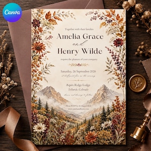 May include: A wedding invitation card featuring a mountain landscape with pine trees and autumn-colored wildflowers. The text reads: Together with their families Amelia Grace and Henry Wilde request the pleasure of your company Saturday, 26 September 2026.