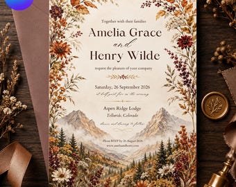Op de afbeelding: Een trouwkaart met een berglandschap, dennenbomen en herfstkleurige wilde bloemen. De tekst luidt: Together with their families Amelia Grace and Henry Wilde request the pleasure of your company Saturday, 26 September 2026.
