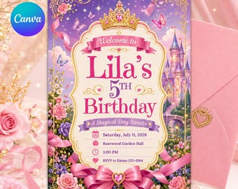 Princess Birthday Invitation Princess Birthday Template Princess Theme Party Princess Invite Princess Canva Template Royal Birthday Invite