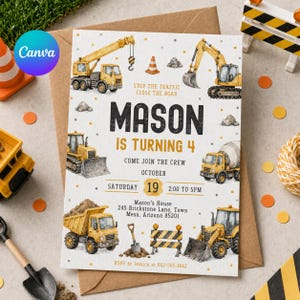 May include: A birthday invitation with a construction theme, showcasing yellow construction vehicles such as a crane, digger, and dumper truck. The invitation says "MASON IS TURNING 4" with event details. The text "STOP THE TRAFFIC CLOSE THE ROAD" is also included.