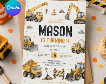 Construction Birthday Invitation: Editable Canva Template (Digital Download)