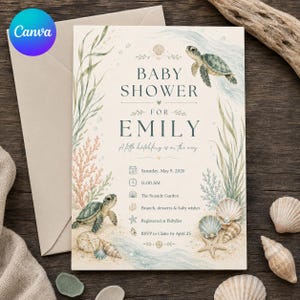 May include: A rectangular baby shower invitation card featuring watercolor illustrations of sea turtles, coral, seaweed, and seashells. The text reads: BABY SHOWER FOR EMILY, A little hatchling is on the way, Saturday, May 9, 2026, 11:00 AM, The Seaside Garden.