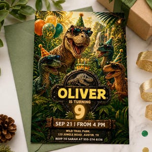 May include: A colorful birthday invitation featuring a group of dinosaurs wearing sunglasses and party hats. The invitation includes the name "Oliver", the number "9", and event details. The background is a lush jungle scene with balloons and a waterfall.
