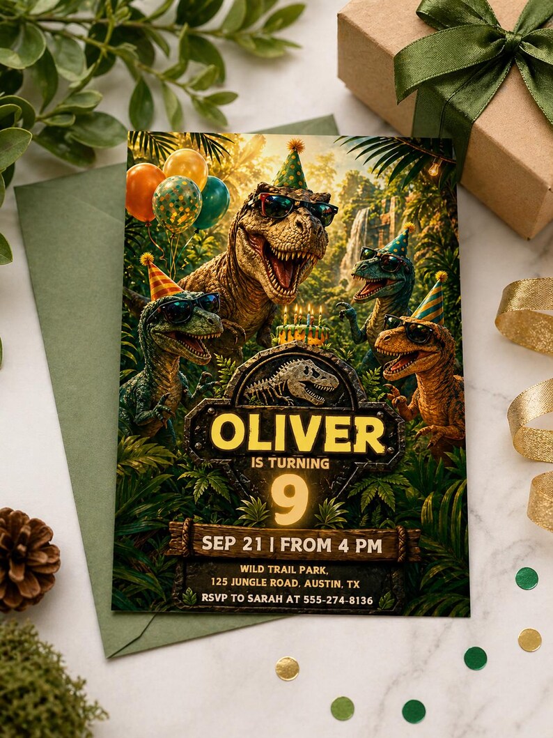May include: A colorful birthday invitation featuring a group of dinosaurs wearing sunglasses and party hats. The invitation includes the name "Oliver", the number "9", and event details. The background is a lush jungle scene with balloons and a waterfall.
