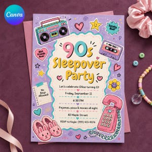 May include: A rectangular invitation card with a light purple background featuring 90s-themed illustrations including a boombox, cassette tape, pink rotary phone, and bunny slippers. The text reads 90s Sleepover Party, Let's celebrate Chloe turning 11, Friday, September 11, 6:30 PM, Pajamas, pizza & movies all night, 82 Maple Street, RSVP to Kayla: (555) 413-9076.