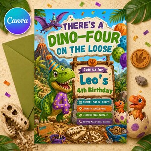 Dinosaur 4th Birthday Invite Boy, Dino Four Invitation, TRex Birthday Party Invitation, Five A-Saurus Birthday, Dino Party Canva template