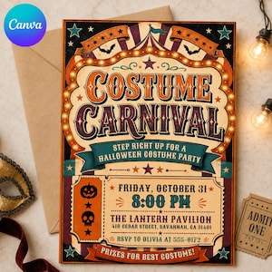 May include: A rectangular invitation card titled Costume Carnival in orange and dark purple text. The design features a circus tent motif with light bulbs, bats, and stars. It includes event details for a Halloween party on October 31 at 8:00 PM.