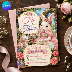Puede incluir: Una tarjeta de invitación de cumpleaños rectangular con un conejo blanco con corona de flores y vestido rosa en una fiesta de té. El texto dice Tea for Three, Hazel's 3rd Birthday, Saturday, June 6th, 12:00 PM-3:00 PM, Blooming Teacup Garden, 9 Petal Way, Nashville, TN 37212, RSVP to Claire 555-0115 by May 24.