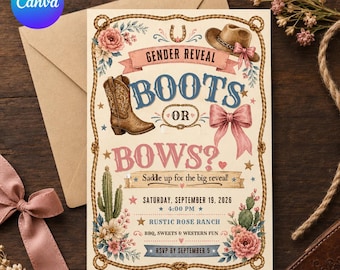 Boots or Bows Gender Reveal Invitation, Western Cowgirl Cowboy Baby Party, Rustic Floral Editable Canva Template