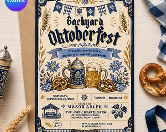 Oktoberfest Party Invitation, Bavarian Beer and Pretzel Festival, Vintage German Biergarten Invite, Editable Canva Template