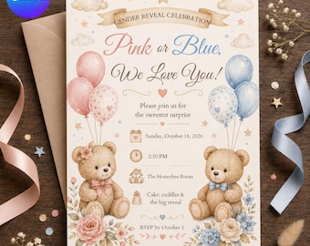 Könnte beinhalten: Eine Einladungskarte zur Geschlechterenthüllung mit zwei Teddybären, rosa und blauen Luftballons, Wolken, Sternen und Blumen. Der Text lautet: GENDER REVEAL CELEBRATION, Pink or Blue, We Love You!, Please join us for the sweetest surprise, Sunday, October 18, 2026, 2:30 PM, The Honeybee Room, Cake, cuddles & the big reveal, RSVP by October 1.