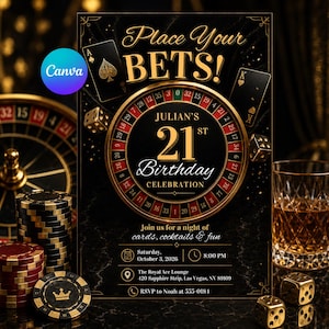 May include: A black and gold casino-themed birthday invitation featuring a roulette wheel, playing cards, and dice. The text reads: Place Your BETS! Julian's 21st Birthday Celebration, Join us for a night of cards, cocktails & fun, Saturday, October 3, 2026, 8:00 PM, The Royal Ace Lounge, 420 Sapphire Strip, Las Vegas, NV 89109, RSVP to Noah at 555-0184.