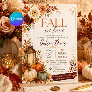 Fall in Love Bridal Shower Invitation Editable Template, Pumpkin Autumn Lantern Invite, Rustic Fall Floral Bridal Brunch, Fall Bridal Invite