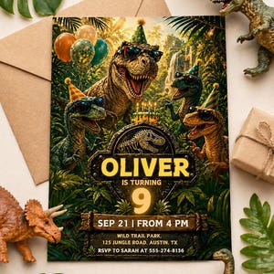 May include: A birthday party invitation featuring a group of cartoon dinosaurs wearing sunglasses and party hats. The invitation reads "OLIVER IS TURNING 9" with the date and time. Balloons and jungle foliage surround the dinosaurs.