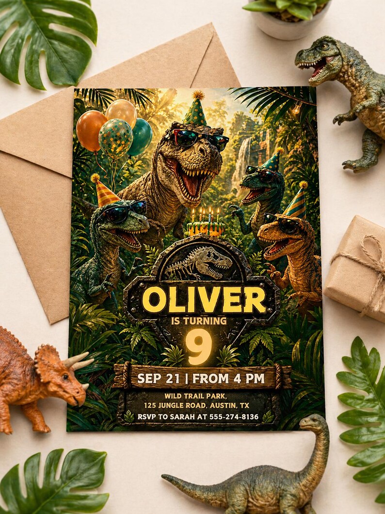 May include: A birthday party invitation featuring a group of cartoon dinosaurs wearing sunglasses and party hats. The invitation reads "OLIVER IS TURNING 9" with the date and time. Balloons and jungle foliage surround the dinosaurs.