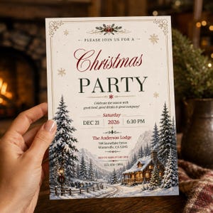 May include: A rectangular Christmas party invitation card featuring a winter landscape with a snow-covered cabin and pine trees. The text reads: Please join us for a Christmas Party, Saturday Dec 21 2026 6:30 PM, The Anderson Lodge, 789 Snowflake Drive.