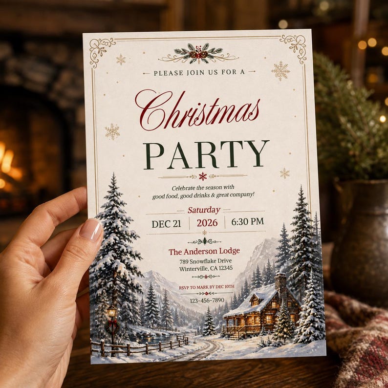 May include: A rectangular Christmas party invitation card featuring a winter landscape with a snow-covered cabin and pine trees. The text reads: Please join us for a Christmas Party, Saturday Dec 21 2026 6:30 PM, The Anderson Lodge, 789 Snowflake Drive.