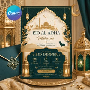 May include: An invitation for Eid al-Adha dinner, featuring a gold and teal design with ornate details. The text reads "Eid al-Adha Mubarak" and includes details for a dinner on June 19, 2026. The design includes a mosque silhouette and a goat.