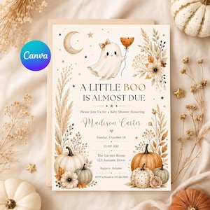 May include: A rectangular baby shower invitation card featuring a central illustration of a ghost with a bow, a crescent moon, stars, and pumpkins. The text reads A LITTLE BOO IS ALMOST DUE, Please Join Us for a Baby Shower Honoring Madison Carter.