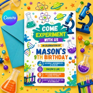 Może przedstawiać: Zaproszenie na urodziny o tematyce naukowej z tekstem "Come Experiment With Us" i "Mason's 9th Birthday". Zaproszenie zawiera ilustracje kolb, mikroskopów i planet. Zaproszenie jest na żółtym tle.