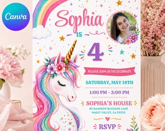 Editable Unicorn Birthday Invitation Magical Pastel Rainbow Unicorn Birthday Party Whimsical Fairytale Unicorn Princess Canva Template