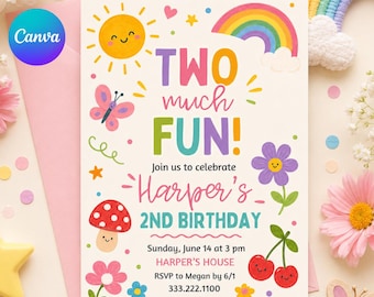 Two Much Fun Birthday Invite, Colorful 2nd Birthday Template, Editable Girl Party Invite,  Watercolor, Gingham, Rainbow,  Canva Template
