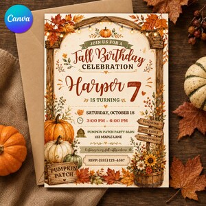 May include: A fall birthday invitation card featuring a wooden archway decorated with autumn leaves and string lights. The text reads: Join us for a Fall Birthday Celebration, Harper is turning 7, Saturday, October 18, 3:00 PM - 6:00 PM.