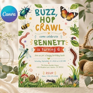 Invitación de cumpleaños con insectos, Buzz Hop Crawl, invitación para fiesta al aire libre con temática de naturaleza, invitación de cumpleaños con insectos, plantilla editable de Canva