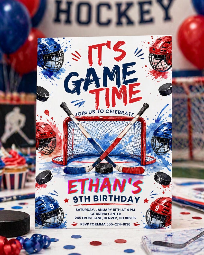 May include: A hockey-themed birthday party invitation with the text "It's Game Time" in red and blue. The design includes hockey sticks, a net, pucks, and helmets. The invitation is for Ethan's 9th birthday.