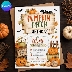 Może przedstawiać: Prostokątne zaproszenie urodzinowe z akwarelowymi ilustracjami dyń, nietoperzy i jesiennych liści. Tekst zawiera napis PUMPKIN PATCH BIRTHDAY, Join Wyatt turning 5, Sunday, October 11, 3:30 PM, Sunset Farm Barn oraz RSVP 555-412-8790.