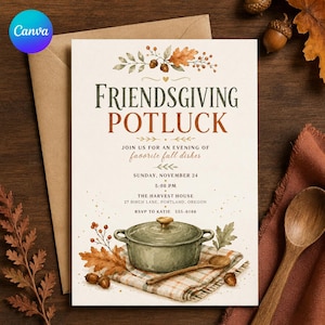 May include: A Friendsgiving Potluck invitation card featuring watercolor illustrations of autumn leaves, acorns, and a green Dutch oven on a plaid cloth. The text reads: Friendsgiving Potluck, join us for an evening of favorite fall dishes, Sunday, November 24, 5:00 PM, The Harvest House, 27 Birch Lane, Portland, Oregon, RSVP to Katie 555-0166.