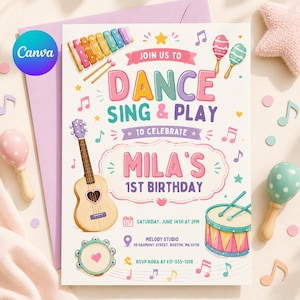 May include: A vibrant invitation for a first birthday celebration. The design includes musical instruments such as a guitar, maracas, and a drum. The text says "Dance, Sing & Play" and "Mila's 1st Birthday". The invitation is adorned with musical notes and stars.
