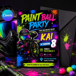 Puede incluir: Una invitación a una fiesta de paintball con un fondo negro y salpicaduras de pintura coloridas. La invitación presenta un gráfico de un jugador de paintball y el texto "Paintball Party" y detalles del evento, incluido el nombre "Kai" y la edad "8".