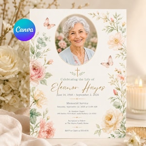 Puede incluir: Una tarjeta de invitación para un servicio conmemorativo con un retrato circular de una persona mayor de cabello blanco. La tarjeta está decorada con ilustraciones en acuarela de flores rosas y amarillas, hojas verdes y mariposas, con texto dorado.