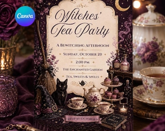 May include: A rectangular invitation card titled Witches' Tea Party featuring a black cat, a broomstick, a witch hat, a floral teapot, and teacups. The design includes text for a Sunday, October 20 event at 2:00 PM, with a crescent moon and stars.