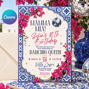 Op de afbeelding: Een uitnodiging voor een feestje met een blauw-witte rand, met de tekst "MAMMA MIA! Sofia's 16th Birthday" en "DANCING QUEEN". Het ontwerp bevat roze bloemen, een discobal en de locatie "Villa Capri".