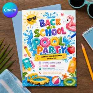 Peut inclure: Une carte d'invitation rectangulaire intitulée Back to School Pool Party avec des illustrations à l'aquarelle d'un soleil, d'une bouée flamant rose, d'un crayon, d'un carnet, d'une pomme, d'une crème solaire et d'un bus scolaire.
