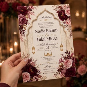 May include: A rectangular wedding invitation card featuring a cream background with an arched frame, gold line art of lanterns and a mosque, and deep burgundy and soft pink floral arrangements. The text details the Nikah ceremony for Nadia Rahim and Bilal Mirza on Sunday, June 22, 2025, at 11:00 AM at Al Noor Banquet Hall in Mississauga, Canada.