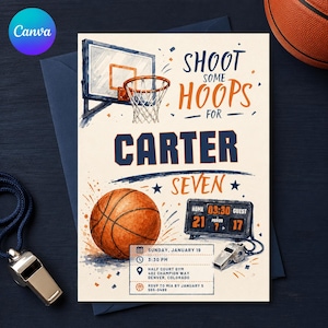 May include: A basketball-themed invitation card featuring a watercolour illustration of a hoop, a basketball, and a scoreboard. The text reads SHOOT SOME HOOPS FOR CARTER SEVEN, with event details for Sunday, January 19 at 3:30 PM at Half Court Gym.