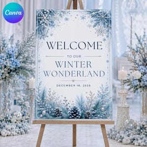 May include: A rectangular vertical sign on a wooden easel featuring the text WELCOME TO OUR WINTER WONDERLAND DECEMBER 18, 2026. The design includes a border of blue and silver snowflakes, pine branches, and pinecones on a white background.